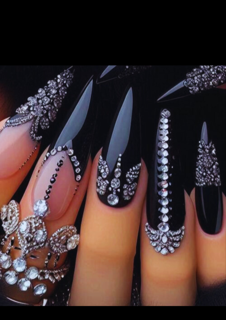 Black Nails with Rhinestones