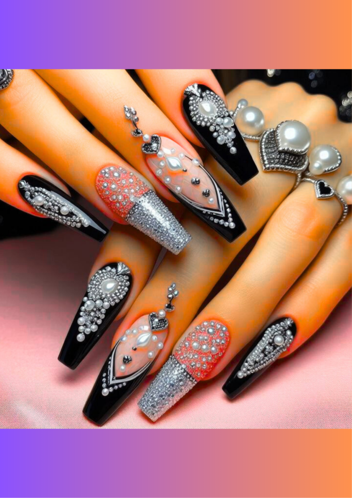 Black Nails with Rhinestones